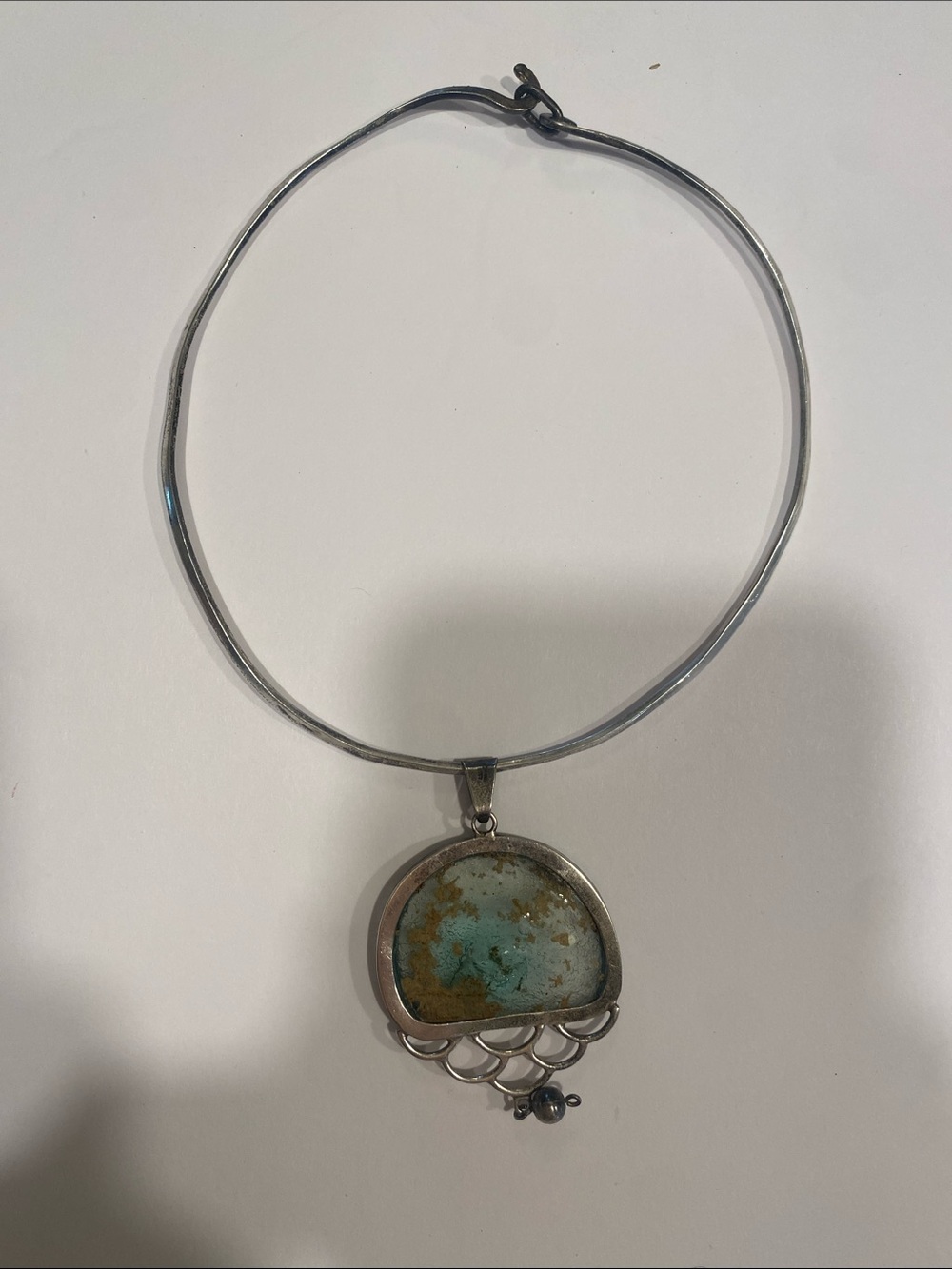 Silver Choker Necklace with Turquoise Patina Pendant (Artist made/ Hand made)